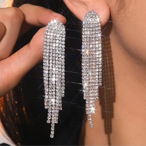 Rhinestone Tassel Earrings Sparkly Long Fringe Crystal Chandelier Dangle Drop Earrings Wedding Party Prom Earrings Premium Iridescent Earrings Wedding Party Jewelry Gifts for Women - color: Silver