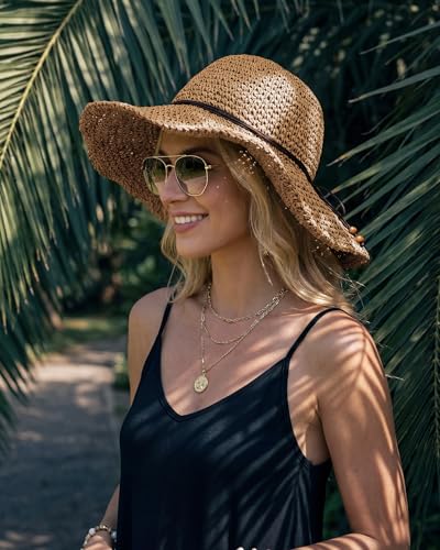 Hat Hut Floppy Beach Hat Crochet Straw Sun Hats for Women Wide Brim Handmade Summer Travel Hat Foldable Packable (US, Alpha, One Size, Khaki)