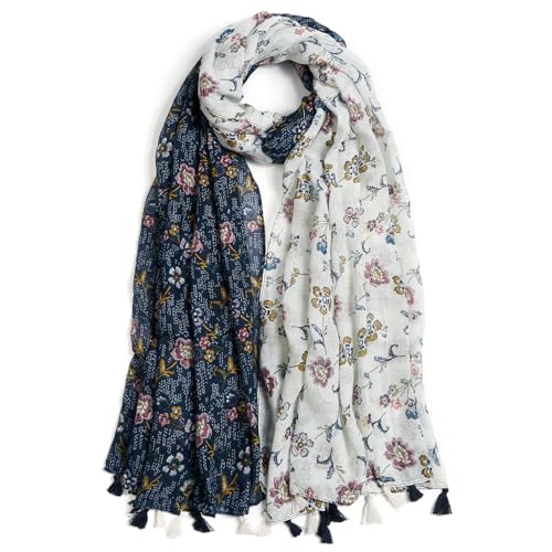 QIUTIMIY Scarf for Women Lightweight Soft Floral Leopard Printed Scarves Fall Winter Fashion Shawl Wrap with Fringe - color: Flower-black White