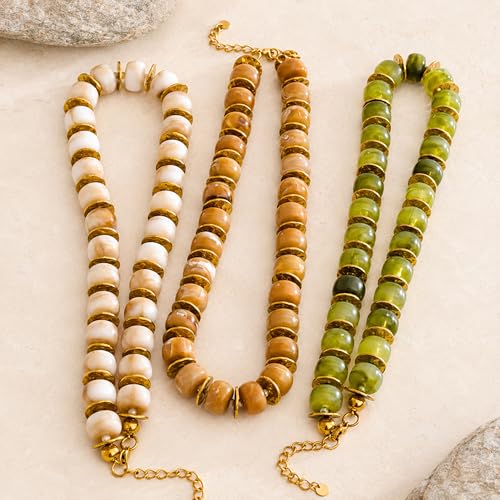 Mchic Colorful Beaded Choker Necklace for Women: Boho Large Square Acrylic Beaded Necklace Stainless Steel Adjustable Surfer Beach Strand Necklaces Summer Handmade Jewelry Gift for Women - color: Caramel-Round