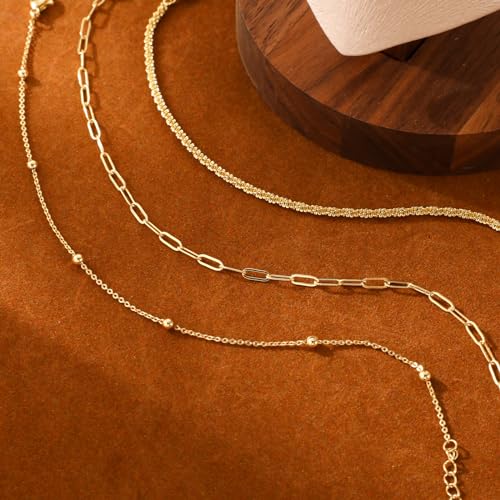 MIDEEO Gold/Silver Ankle Bracelets for Women,14K Gold Anklets for Women Waterproof Cuban Link Heart Beads Herringbone Rhinestone Anklets Set Layered Anklet Bracelets for Women Gold Jewelry Gift - style: 3Pcs Anklets H-Gold