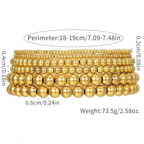 Gold Bracelets for Women 14K Gold Plated Beaded Non Tarnish Bracelets Stretch Bead Ball Bracelet Stack Set Jewelry for Gifts - color: D SET 6PC