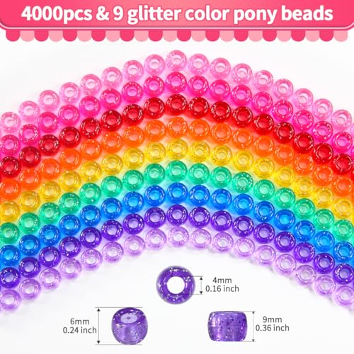 Praisebank Pony Beads, 4000pcs Glitter Color, Beads for Jewelry Making, Beads for Crafts, Beads for Hair Braids. - color: Glitter