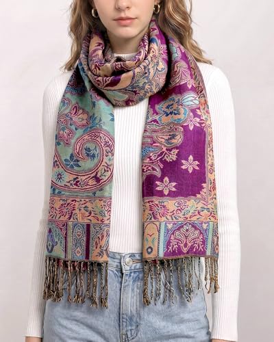 Achillea Elegant Paisley Floral Pashmina Shawl and Wrap – Boho Rave Scarf for Festival, Travel & Everyday Wear - color: Purple Turquoise