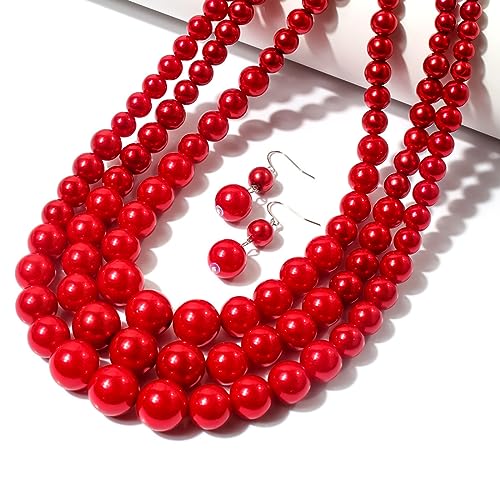 Fuqimanman2020 Chunky Large Simulated Pearl Choker Necklace Drop Dangle Earrings Crystal Bib Big Round Beaded Strand Multicolor Costume Statement Wedding Jewelry Set for Women Brides - color: Wine Red Set