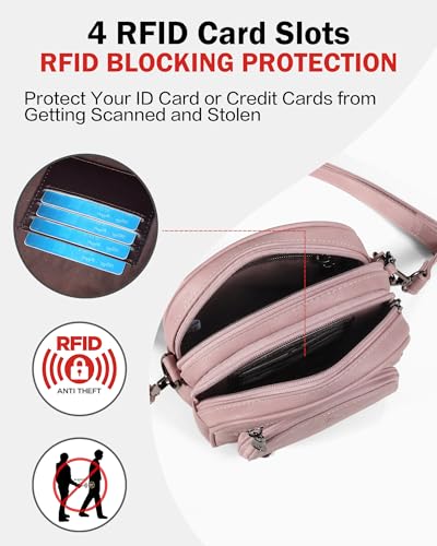 FADEON Small Purses for Women Crossbody Bags, Designer PU Leather Mini Cross Body Purse Travel Shoulder Bag Card Slots - color: Pink Retro Style