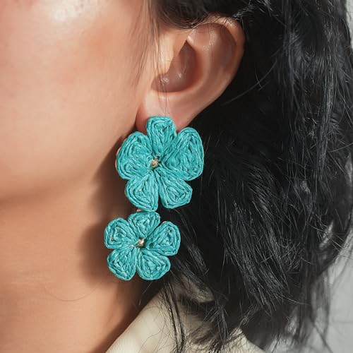 Boho Flower Earrings Statement Raffia Dangle Earrings Cute Floral Jewelry Trendy Summer Beach Vacation Outfits for Women - color: Teal