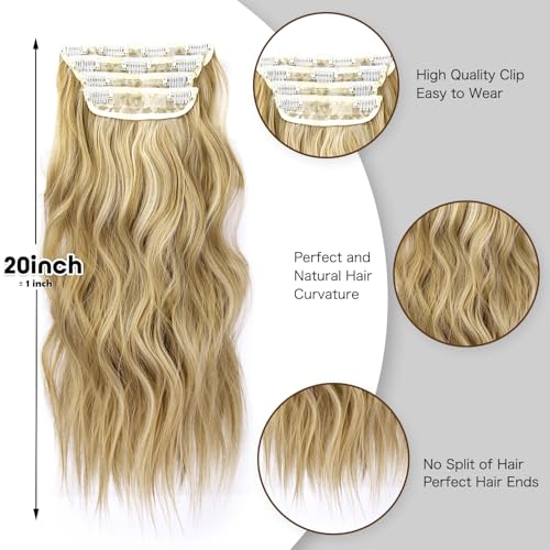 Blonde Hair Extensions Long Wavy 20 Inch 4pcs Clip in Synthetic Hair Extensions for Women Double Weft Extensions (Ombre Ash Brown to Bleach Blonde, 8AH613#) - color: 8AH613-Ombre Ash Brown to Bleach Blonde