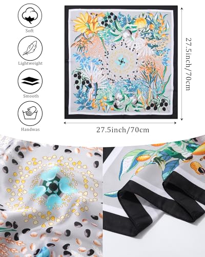 AWAYTR 27.5” Silk Satin Square Head Scarf - 4PCS Satin Head Scarves for Women Hair Kerchief Bandanas Sleeping Head Wraps - color: Flower(pink/Blue/Khaki/Grey)