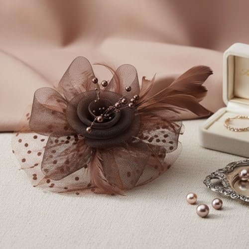 DRESHOW Fascinators Hat Flower Mesh Ribbons Feathers on a Headband and a Clip Tea Party Headwear for Girls and Women - color: 7" Diameter / Brown