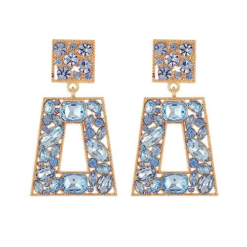 Rhinestone Rectangle Statement Earrings Colorful Crystal Geometric Drop Dangle Earrings for Women Prom Party - color: Light Blue