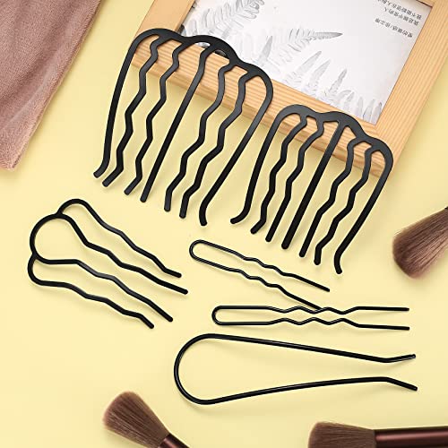 12 Pcs Hair Side Combs, Hair Fork Clips, Pins, French Twist Updo Accessories, U-Shape Teeth Styling Tool for Vintage Hairstyle Women Girls Bun - Black