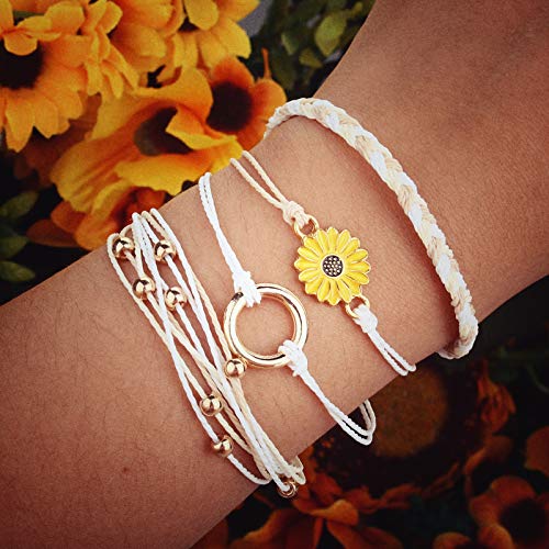 FANCY SHINY Easter Gifts Basket Stuffers Sunflower String Bracelet Boho Braided Rope Wrap Bracelets Cute Summer Beach Surfer Jewelry for Women - color: Wheat