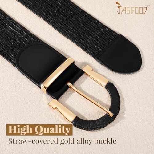 JASGOOD Straw Woven Belt for Women Dresses Boho Elastic Braided Belt Rattan Raffia Belts Ladies Wide Belt,1.97" Width - color: D-black, size: Fit waist size 35"-40"