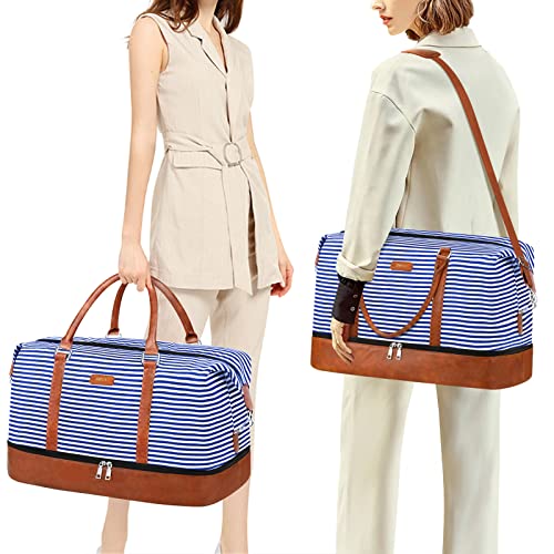 IBFUN Weekender Bags for Women - 21" Travel Duffle with Shoe Compartment - Carry On Overnight Duffel for Weekend Travel & Business Trips, 3PCS - color: A3-Blue Strip