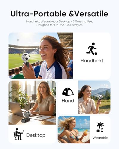 Hiluckey Portable Handheld Turbo Fan with Ice Cooling, 5 Gear Wind, 3 In 1 Soccer-Shaped Mini Personal Fan, 6000mAh Football Rechargeable Pocket Fan for Travel/Outdoor/Office, 180° Adjustable, 20H Max - color: Black
