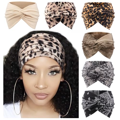 DRESHOW 6 Pack Extra Wide Headbands for Women Large Turban Headband Boho Head Wrap Elastic Hairbands Hair Twisted Knot Hair Accessories - color: 6 Pack Knotted: Solid Color + Patterned