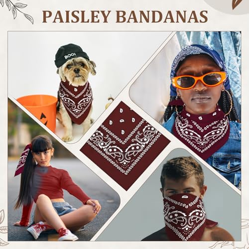 12 Pack Bandanas Unisex Paisley Cowboy Bandanas Bulk Multi Purpose Headband Scarf for Men Women Costume - color: Burgundy, style: Classic