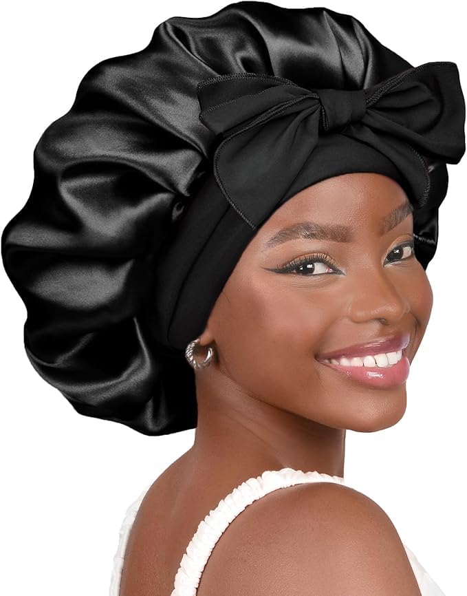 YANIBEST Adjustable Satin Bonnet for Sleeping Women Double Layer Hair Wrap Reduce Friction Prevent Frizz Natural Curly Hair - color: Black