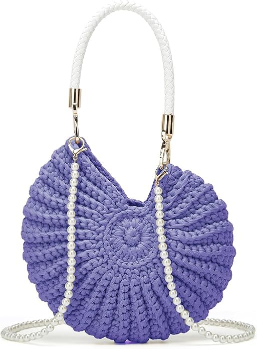 Handmade Crochet Tote Bag Seashell Purse for Women Boho Shell Handbag Crossbody Shoulder Bag Summer Beach Clutch Hobo Handbag - color: Purple