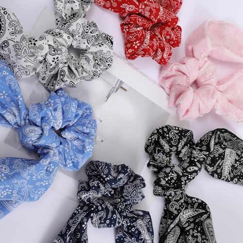 Hair Scrunchie Scarf Bow Scrunchies Chiffon Bandana Scrunchies for Women Girls, 6PCS , 2 in 1 Design, No Hurt, Various Occasions | Scarf Hair Ties,Hair Scrunchies with Tails,Bandana Scrunchies,Scarf Ponytail Holder,Hair Accessories for Women - color: pais