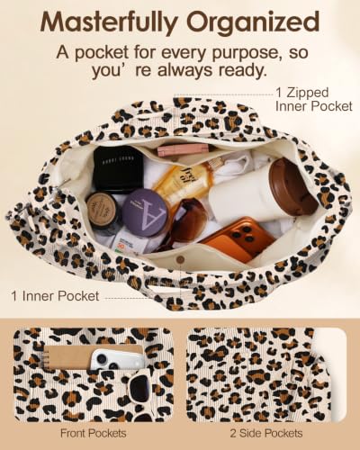 Miss Adola Crossbody Corduroy Tote Bag for Women, Large Tote Bag with Multi-Pockets and Zipper for Travel Work - color: Classic Leopard
