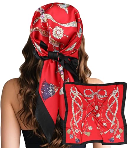 Sumolux Head Hair Scarf for Women Like Satin Silk Scarf Bandana Hair Wrapping Night Large Square Scarves 27.5" - color: Red Gemstone Decoration