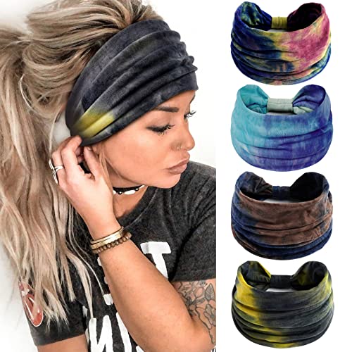 Huachi Wide Headbands for Women Tie Dye Head Wraps Boho Thick Hairbands Large African Sport Yoga Turban Headband Hair Accessories (Pack of 4) - color: Tie Dye