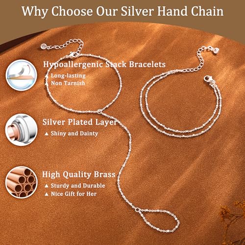 CHESKY Silver Hand Chain Bracelets for Women Set - Dainty Silver Plated Finger Ring Bracelet Stack Adjustable Hand Chains Durable Beaded Bracelets Trendy Simple Jewelry Gift for Women - style: layer thin bracelet-silver