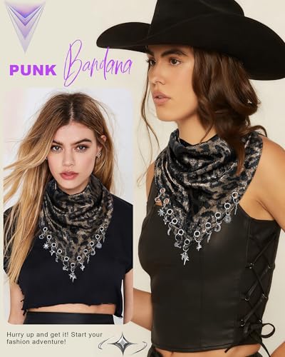 Punk Triangle Head Scarf with Metal Charms - Y2K Sparkly Bandana for Women | Vintage Neck Scarf for Festival Party Concert - color: Leopard Black and Gold