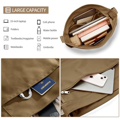 KALIDI Canvas Tote Bag Large Hobo Crossbody Shoulder Handbag Zipper Messenger Bag for Women or Men Casual College Work - color: Abrown