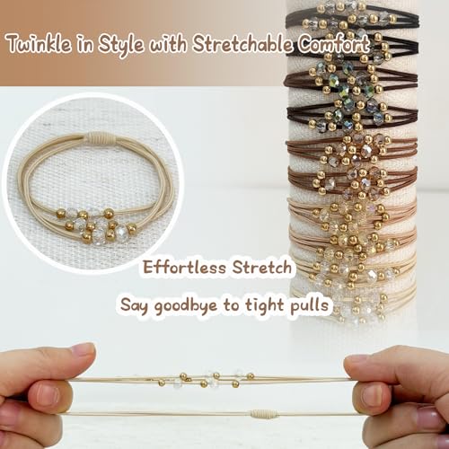 10pcs Brown Hair Ties with Gold & Crystal Beads, Thin Elastic Ponytail Holders for Women - color: Beige, Khaki, Brown, Dark Brown, Black