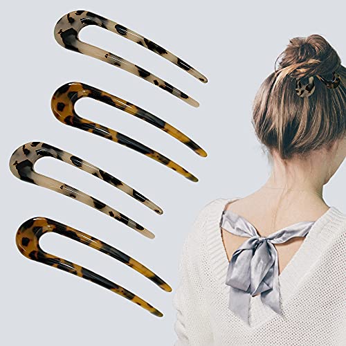 4 Pack U Shaped Hair Pins for Buns, French Pin Hair Fork Sticks for Long Hair, 2 Prong Hair Stick for Women and Girls(Light&Dark Brown)