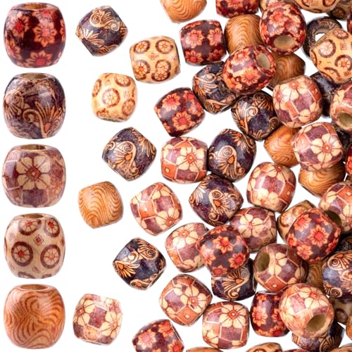 Pndeyo 50pcs Wooden Beads for Crafts, Round Large Hole Natural Wood Hair Bead, Vintage Wooden Spacer Beads for Macrame Necklace Bracelet DIY Craft Handmade Decor - color: Brown,50pcs,D Style