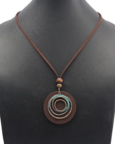 GelConnie Leather Cord Necklace Chain Multilayer Wooden Pendant Necklaces Vintage Jewelry Boho Long Sweater Necklace for Women Men - color: Circle Brown Leather Necklace
