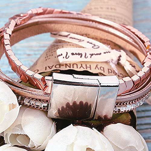 FANCY SHINY Hematite Leather Wrap Bracelets Beaded Healing Stone Cuff Bracelet Rhinestone Boho Jewelry Gift for Women with Clasp - color: Rose Gold