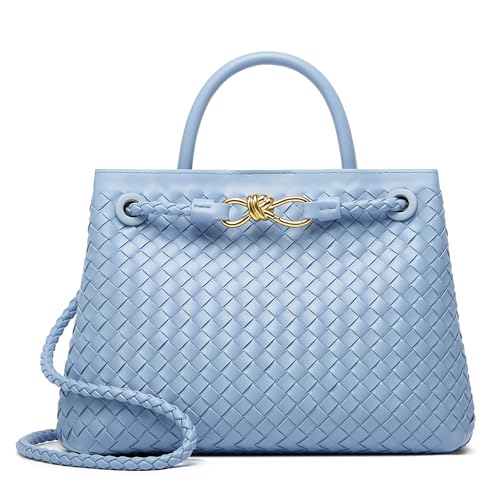 Woven Tote Bag Womens Purse: Vegan Leather Shoulder Handbags - Fashion Summer Beach Tote Bags - Large Travel Totes - color: A8 Medium Light Blue