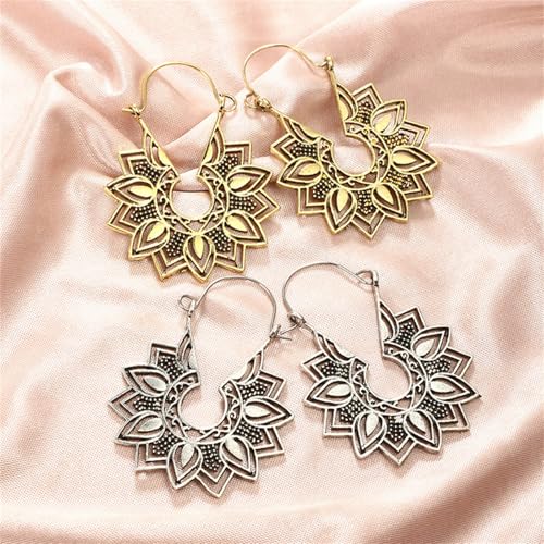 Boho Antique Carved Flower Dangle Drop Earrings for Women Vintage Retro Handmade Hollowed Antiqued Bronze Floral Shaped Geometric Gold Silver Plated Hoop Earrings for Ethnic Style Jewelry Gifts - color: Gold flower earring