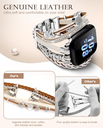 Compatible with Apple Watch Band 40mm for Women, Boho Bracelet for Apple Watch 41mm 38mm, Multilayer Leather Wrap Braided Strap for iWatch Series 11/10(42mm)/9/8/7/6/5/4/3/2/1/SE White Silver - color: A-Silver White, size: 42(series 11/10)/41/40/38mm
