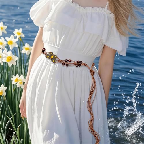 Boho Flower Wooden Bead Waist Belt, Vintage Woven Body Chain, Adjustable Cord Jewelry for Jeans Dress & Beach Wear - color: Yellow