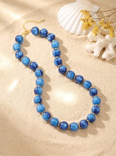 Colorful Beaded Necklace for Women Chunky Resin Beads Choker Necklaces Boho Statement Necklace Summer Vacation Y2K Jewelry - color: Blue