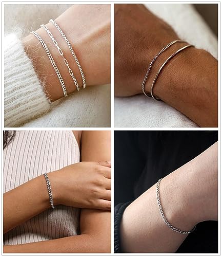 Honsny 6PCS Stainless Steel Bracelets for Women Men,14K Gold Plated Cuban Link Paperclip Chain Bracelet Dainty 6.3/7/7.8/9.5 Inch Stainless Steel Bracelet Set Fashion Jewelry - color: Silver, size: 6.3 Inches