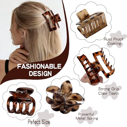 8 Pcs Neutral Matte Hair Claw Clips Set, Strong Hold Non-Slip Jaw Clips for Women Girls, Rectangle & Flower Design Hair Clips for Thick/Thin Hair, Daily & Styling Accessories(Leopard) - color: Leopard