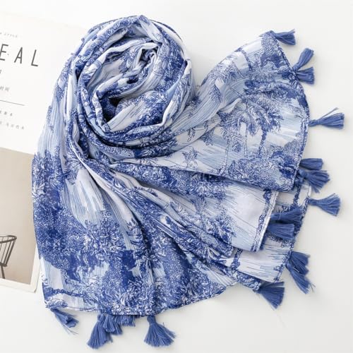 WaJuemy Travel Boho Scarf for Women Casual Lightweight Pashmina Scarves Fashion Multicolor Shawl Wraps with Fringed Beads - color: 05a Blue Trees