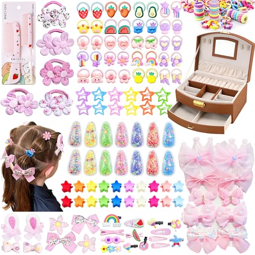 252 Pcs Hair Accessories for Girls Jewlry Box, Back to School Hair Accessory Gift Hair Stuff Storage including Hair Clip,Hair Barrettes,Hair Ties,Hair Bows for Little One Teen Age 3-12 (BROWN) - color: BROWN