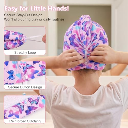 Basumee Microfiber Hair Towel Wrap for Kids 2 Pack - Rapid Drying Turbans With Button for Wet Hair - Head Towel Wrap for Women and Girls, Blue Pink Butterfly - color: Blue Pink Butterfly