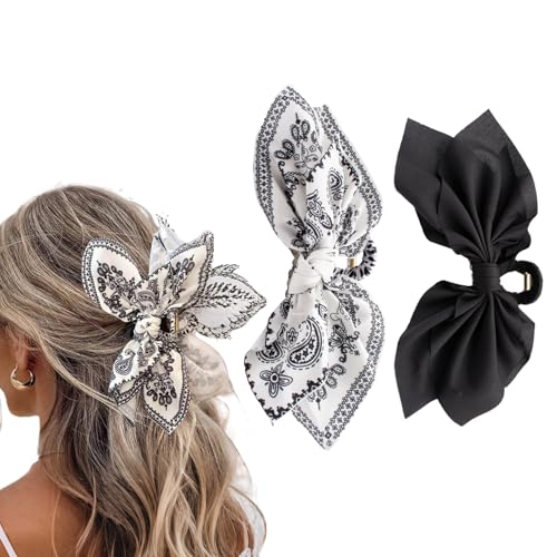 Bow Claw Clips Bow Hair Clips Black White Paisley 2PCS Big Hair Bows for Women Butterfly Styling Large Hair Clips for Thick Hair for Girls Hair Accessories for Teen Gifts for Ladies - color: 2PC-Black+White Paisley