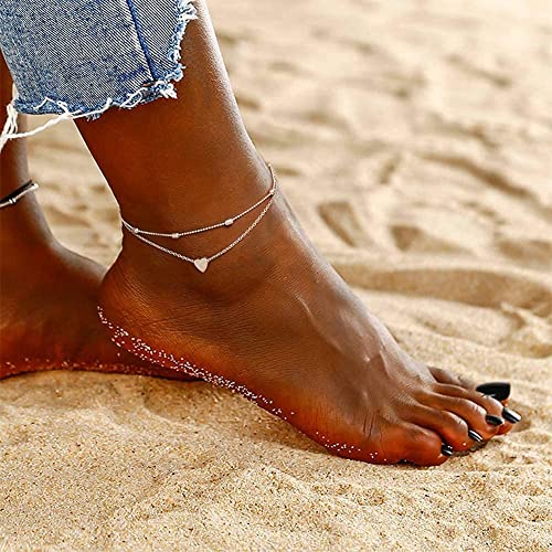 Fesciory Women Heart Anklet Adjustable Beach Layered Ankle Bracelets for Women Gold Alloy Foot Chain Jewelry - color: Silver Heart