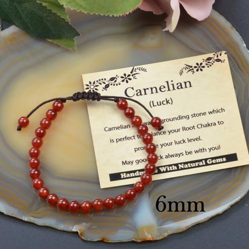 468Handmade Adjustable Natural Gemstone Crystal Bracelet Healing Power Energy Inspirational Gifts with Card for Unisex - color: 09-Carnelian(Luck), size: 6mm