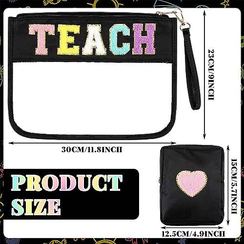 Hillban 2 Pcs Teacher Appreciation Gifts Teach Chenille Letter Clear Makeup Bag Pouch, Monogram PVC Clear Zipper Pouch with Wristlet Travel Cosmetic Bag Graduation Retirement Teacher Gifts for Women - style: Teacher Theme